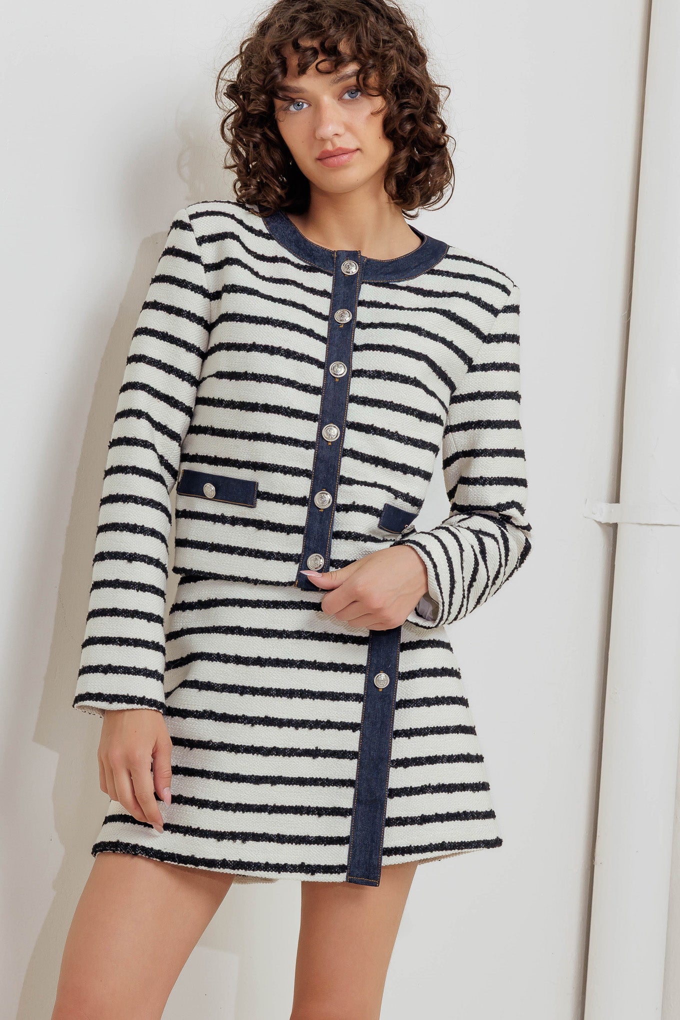 BONJOUR STRIPE WOVEN CROP JACKET Flying Tomato